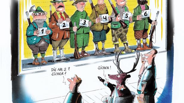 Eine Karikatur zeigt einen Hirsch, der eine Wahl unter Jägern trifft.
