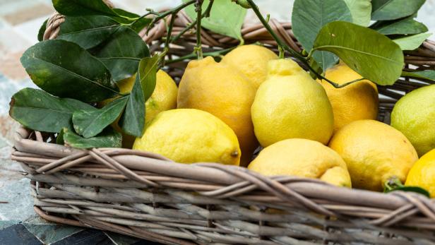 Ein Korb voller reifer Zitronen mit grünen Blättern.