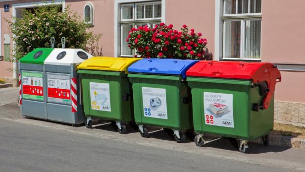 Mehrere Müllcontainer für Glas, Leichtverpackungen, Metall und Altpapier stehen am Straßenrand.