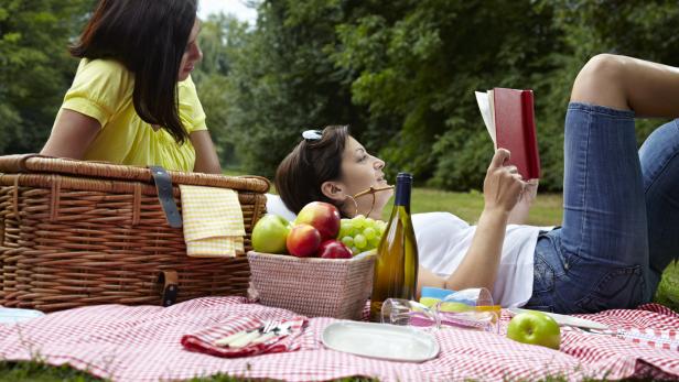 Zwei Frauen machen ein Picknick im Grünen, eine liest ein Buch.