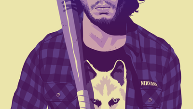 Ein Mann mit einem Baseballschläger, einem Wolfs-T-Shirt und einem Nirvana-Aufnäher.