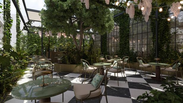 Ein Außenbereich mit Tischen und Stühlen, umgeben von üppigem Grün und dekorativen Lichtern.