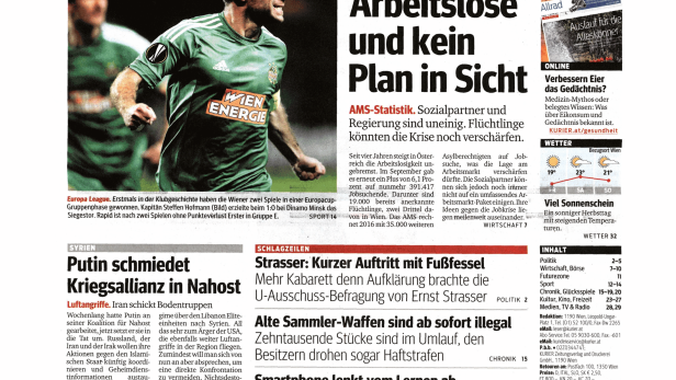 Titelseite des Kurier vom 2. Oktober 2015 mit Artikeln zu Politik, Wirtschaft und Sport.