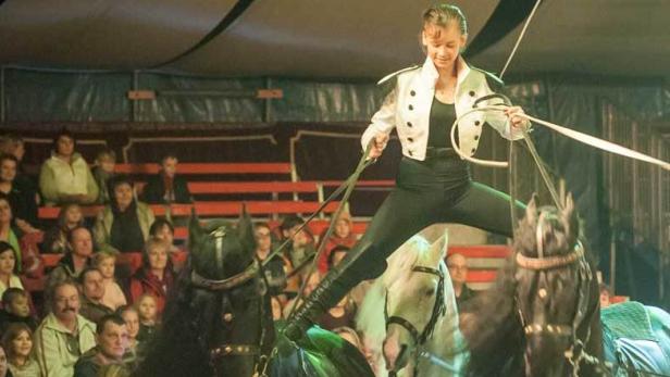 Eine Frau vollführt im Zirkus einen Spagat auf zwei Pferden.