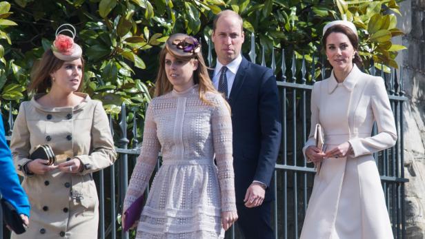 Prinzessin Eugenie, Prinzessin Beatrice, Prinz William und Herzogin Kate (von links nach rechts)