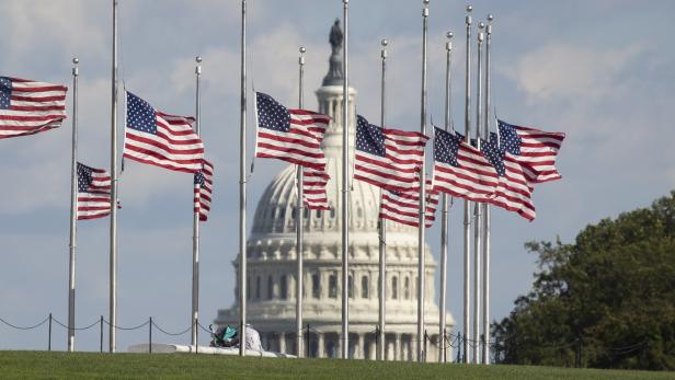 The United States national flag flies at half staff to honor Colin Powell 