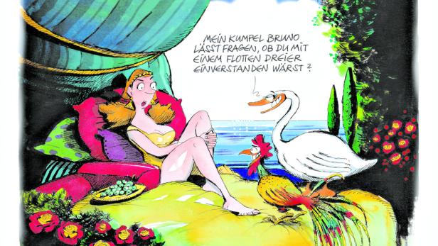 Eine Karikatur von Leda mit Schwan und Hahn, wobei der Schwan fragt, ob sie mit einem „flotten Dreier“ einverstanden wäre.