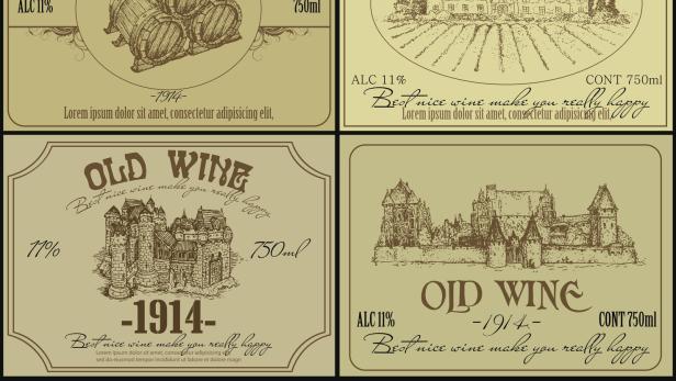 Vier verschiedene Etiketten für „Old Wine“ und „Nice Old Wine“ von 1914.