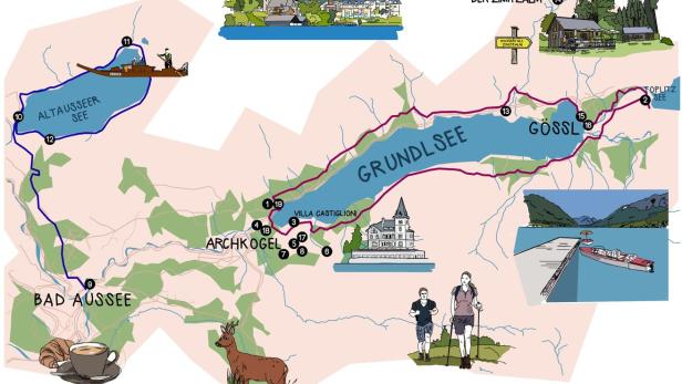 Eine illustrierte Karte der Region um Bad Aussee mit dem Grundlsee und Altausseer See.