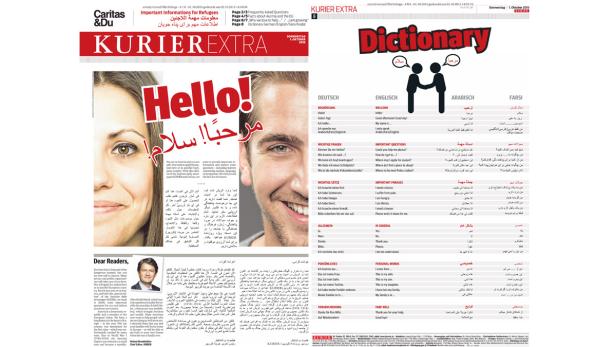 Titelseite einer „Kurier Extra“-Ausgabe mit Informationen für Flüchtlinge und einem Deutsch-Englisch-Arabisch-Farsi-Wörterbuch.