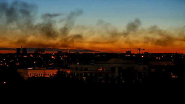 Smoke rises above buildings in Donetsk