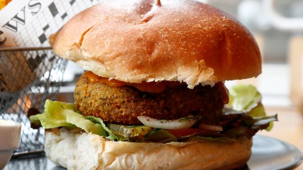 A vegetarian burger is pictured in a restaurant in Brussels