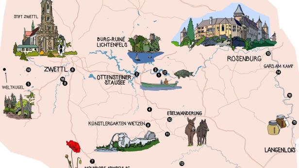 Eine illustrierte Karte des Waldviertels in Österreich mit verschiedenen Sehenswürdigkeiten.