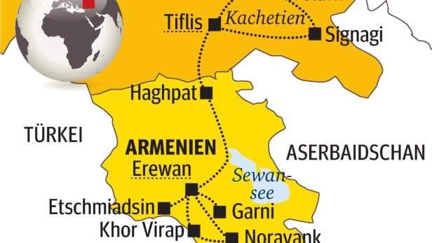 Eine Karte, die die Lage von Georgien, Armenien, Aserbaidschan, der Türkei und dem Iran zeigt.