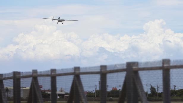 FILE PHOTO: An Albatross unmanned aerial vehicle (UAV), prepares for landing during a military exercise at the Hengchun airport in Pingtung county, southern Taiwan