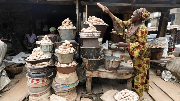 A woman arranges heaps of dried yam tubers for sale at her stall in Bodija market in Ibadan