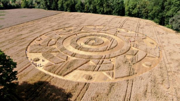 Ein komplexes Kornkreismuster in einem Feld, mit mehreren Personen, die es besichtigen.