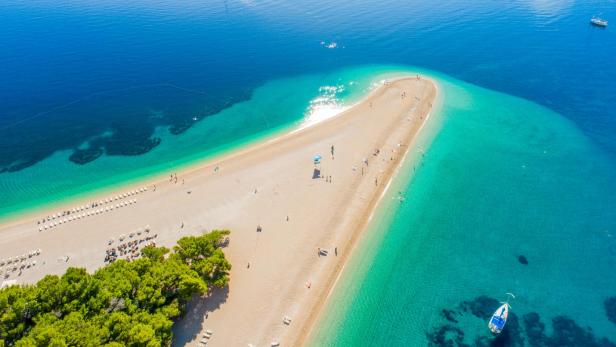 Aerial view of beach on peninsula in Croatia, Bol, Zlatni rat