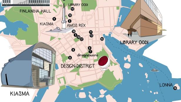 Eine illustrierte Karte von Helsinki, die Sehenswürdigkeiten wie die Finlandia Hall und die Library Oodi zeigt.