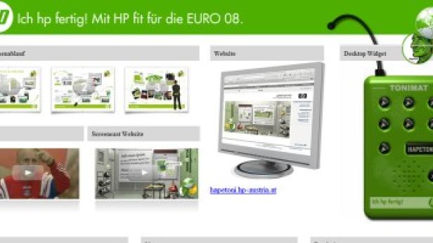 Ein Screenshot der „Ich hp fertig! Mit HP fit für die EURO 08“-Kampagne mit verschiedenen Elementen.