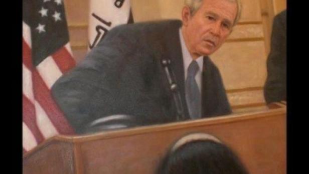 Ein Gemälde von George W. Bush, auf den ein Schuh geworfen wird.
