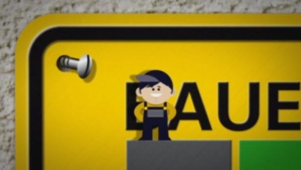 Eine gelbe Tafel mit der Aufschrift „BAUE“ und einer Cartoon-Figur eines Bauarbeiters.
