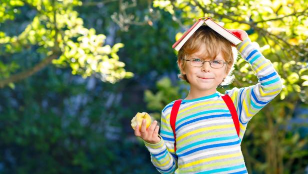 Happy little preschool kid boy with glasses, books, apple and backpack on his first day to school or nursery. Funny healthy child outdoors on warm sunny day, Back to school concept. Laughing boy.