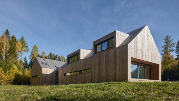 Ein modernes Holzhaus mit Satteldach auf einer grünen Wiese.