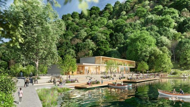 Das Restaurant Thalersee liegt am Ufer, umgeben von üppigem Grün.