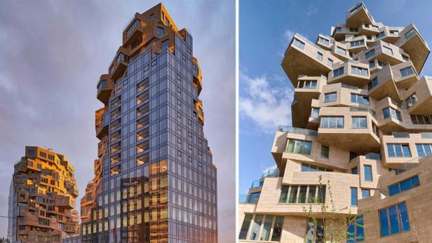 Zwei ungewöhnliche moderne Wohngebäude mit versetzten, kubischen Elementen.