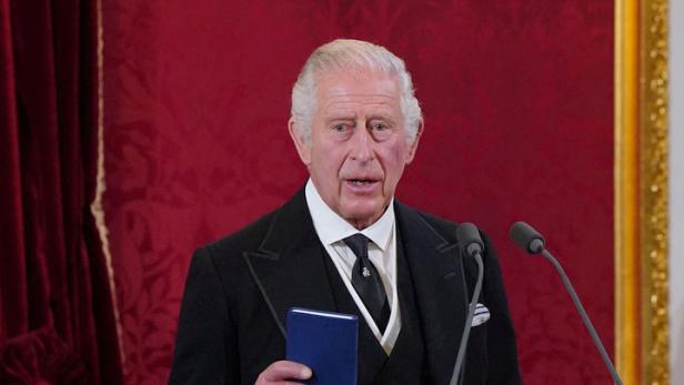 König Charles III. hält eine Rede vor einem roten Hintergrund mit einem goldenen Kronleuchter.