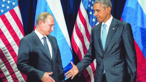 US-Präsident Barack Obama und Russlands Präsident Vladimir Putin beim Handshake. Sie trafen einander am 28. September in New York, um über die Syrienkrise zu diskutieren