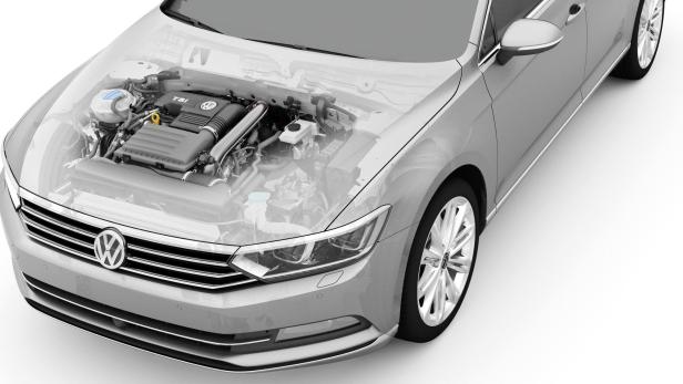 Ein VW Passat mit transparentem Chassis, das den Motorraum zeigt.