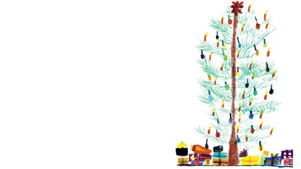 Ein mit bunten Lichtern und einem Stern geschmückter Weihnachtsbaum mit Geschenken darunter.