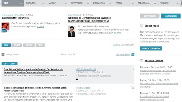 Die Startseite der IT-Press Webseite mit Artikeln und Suchfunktion.