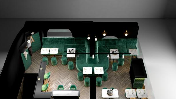 Ein grünes Restaurant mit Tischen und Sitzgelegenheiten aus der Vogelperspektive.