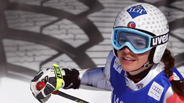 Tina Weirather of Liechtenstein reacts after the women&#039;s Alpine Skiing World Cup super-G race in Garmisch-Partenkirchen March 1, 2013. REUTERS/Michael Dalder (GERMANY - Tags: SPORT SKIING)