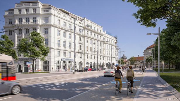 Am Schwarzenbergplatz, wo der Zweirichtungsradweg beginnen soll, weichen aktuell viele Radfahrende auf den Gehsteig aus