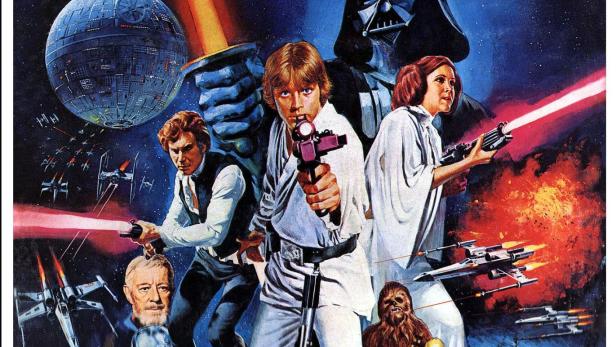 Das Filmplakat für „Star Wars: Eine neue Hoffnung“ mit Luke Skywalker, Leia, Han Solo, Darth Vader und dem Todesstern.