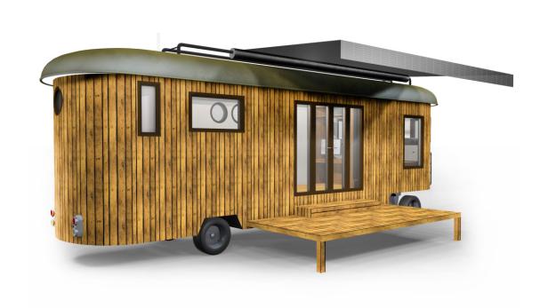 Ein Tiny House auf Rädern mit Holzverkleidung und einer kleinen Veranda.
