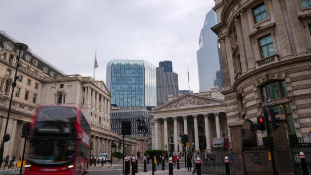 A view of the Bank of England and the Financial District in London