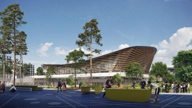 Das Hauptaquatikzentrum in Paris mit Menschen, die sich im Freien aufhalten.