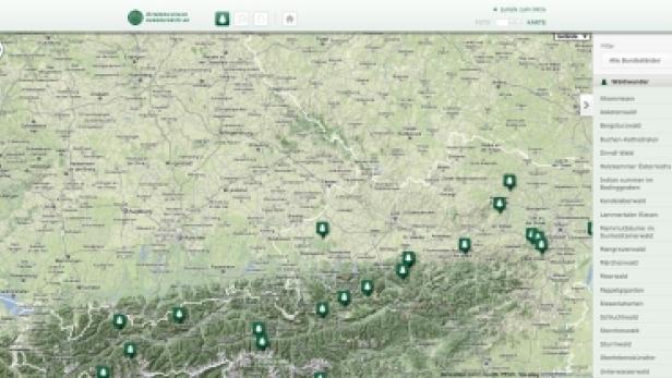Eine Karte von Österreich mit Markierungen für verschiedene Waldgebiete.