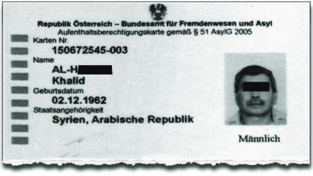 Eine Aufenthaltsberechtigungskarte von Khalid Al-H, geboren am 02.12.1962, Staatsangehörigkeit Syrien.