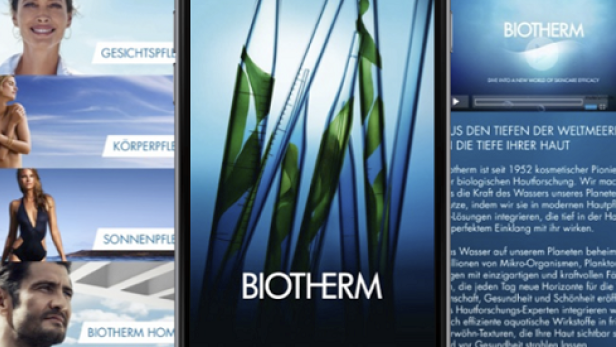 Eine Anzeige für Biotherm-Hautpflegeprodukte mit verschiedenen Produktlinien.