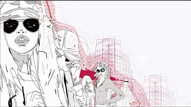 Eine stilisierte Darstellung einer Gruppe von Menschen vor einer Stadtkulisse.