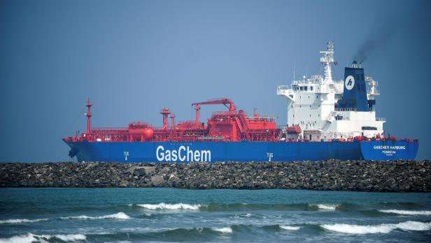 Liquefied petroleum gas (LPG) tanker Gaschem Hamburg sits anchored at the port of Tuxpan