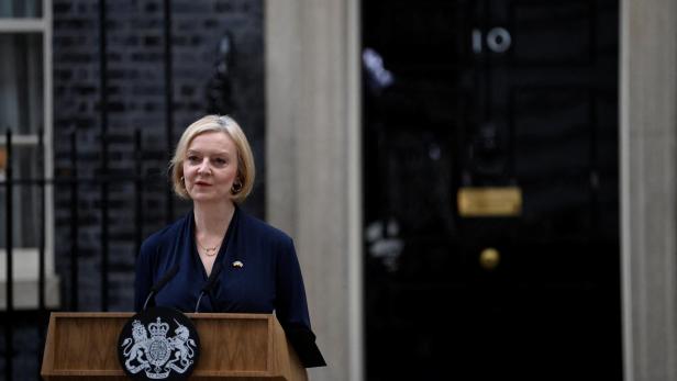British Prime Minister Liz Truss announces her resignation, outside Number 10 Downing Street, London