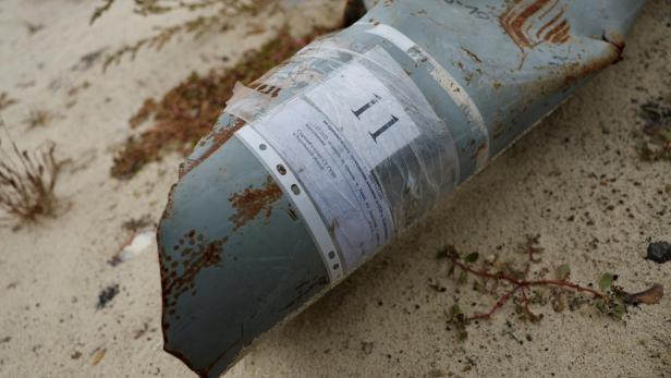 Ukrainian military displays unexploded rockets used by Russian army, in the region of Kharkiv