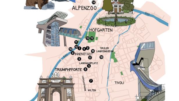 Eine illustrierte Karte von Innsbruck mit Sehenswürdigkeiten wie Alpenzoo und Bergisel Schanze.